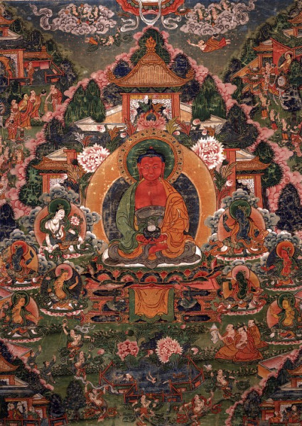 Buddha Amitabha v čisté zemi Sukháváti