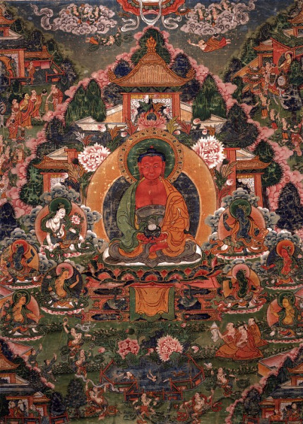 Buddha Amitabha v čisté zemi Sukháváti